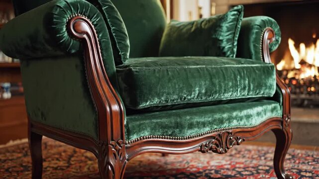 Green velvet vintage armchair in cozy living room with warm firelight