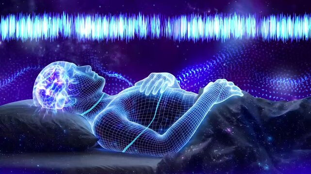 Wireframe Human Sleeping with Glowing Brain Activity and Sound Wave Frequency in Cosmic Space