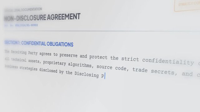 Non-disclosure agreement typing close up. Digital legal document display. Confidential business contract template. Official compliance obligations screen. Paperless agreement editor UI. video 4k