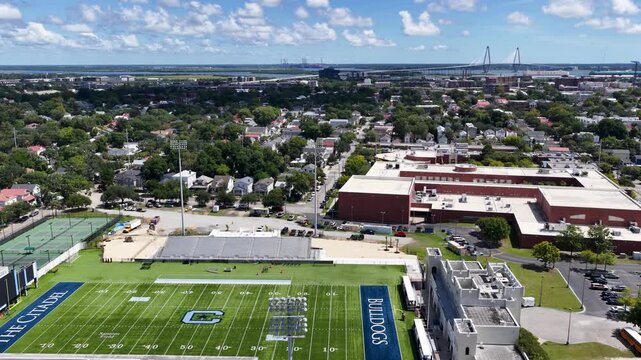 Aerial footage of Johnson Hagood Stadium at The Citadel in Charleston South Carolina USA