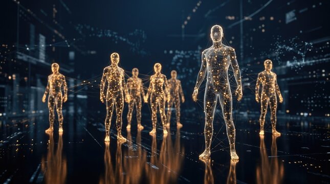 A group of futuristic metallic humanoid robots standing together in a dark high tech digital environment