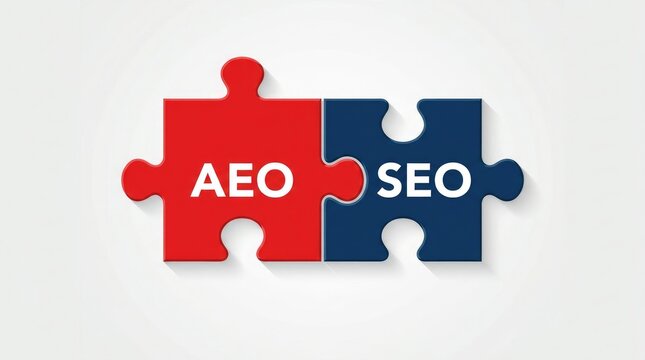 Two connected puzzle pieces representing the synergy between answer engine optimization and search engine optimization concepts