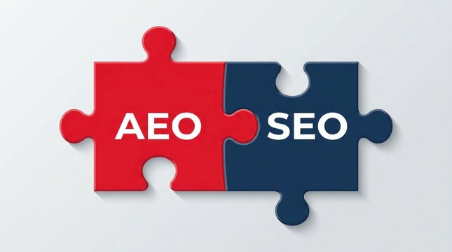 Red and blue puzzle pieces joined together representing the connection between aeo and seo digital marketing strategies