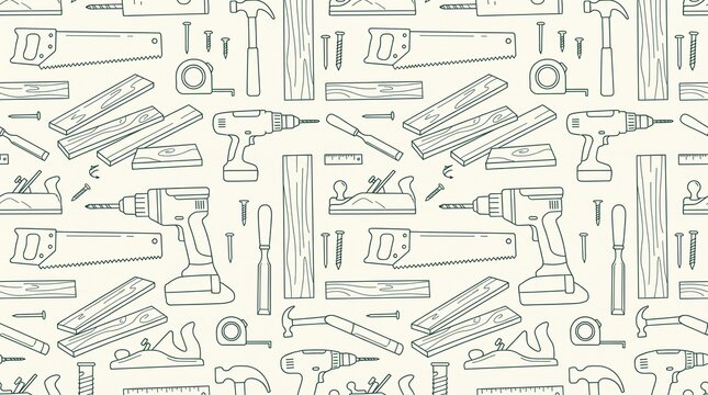 Carpentry and Woodworking Tools Minimalist Line Art Seamless Pattern