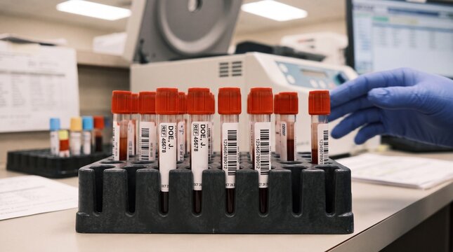 Blood sample tubes in a centrifuge rack in a clinical laboratory setting