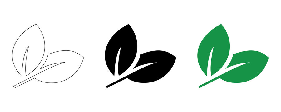 Sprout leaves vector graphics in black green and outline formats for botanical logos on transparent background.