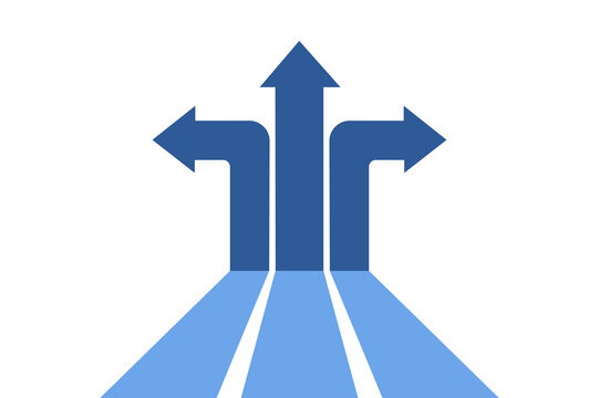 Three blue arrows diverging forward left and right representing multiple options directions on transparent background.