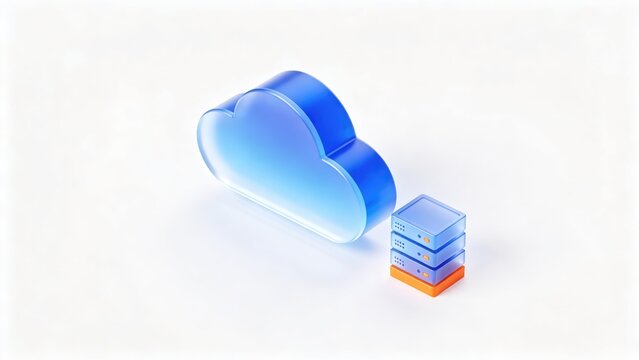 Blue cloud computing symbol beside compact server stack on clean white background with copy space, idea for online data storage, database hosting, backup and digital infrastructure