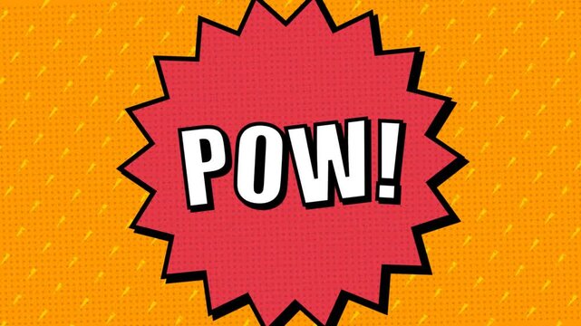 Vibrant retro comic bubble with POW text on shaking yellow halftone background, concept for game intro, motion graphics and cartoon advertising