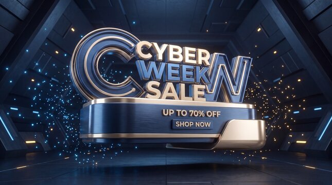 Floating 3D cyber week sale podium with glowing neon text in a futuristic dark tunnel environment