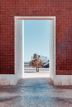 Tall rectangular passage edged in pale stone and red ceramic squares frames a solitary tree, sunlit courtyard and modern buildings, with cobblestone paving beneath a clear blue sky