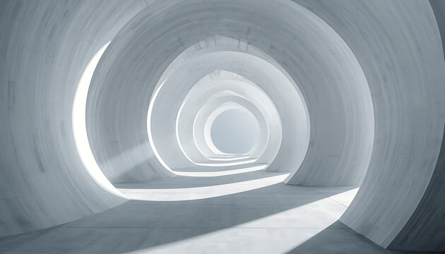 Highly original white abstract background featuring enormous crescent-shaped concrete arches in a bright corridor