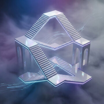 Impossible stairs structure floats in misty ether with glowing neon lines and surreal geometry