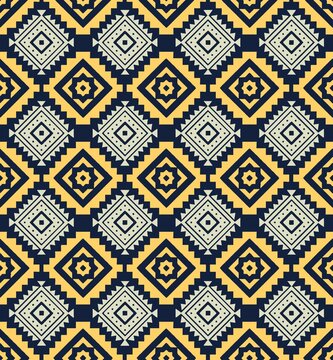 Geometric tribal pattern with diamonds and zigzags in navy and gold