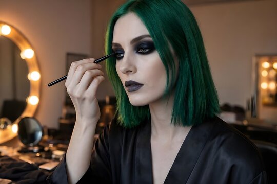 donna con capelli verdi e make-up scuro si trucca