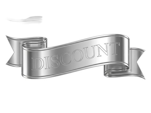 Silver metallic ribbon with discount text, chrome satin banner for retail sales, elegant platinum scroll for promotional marketing offers