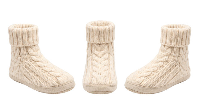 Wool knit leg slippers showing 3 perspectives, clothing mockup isolated on transparent background