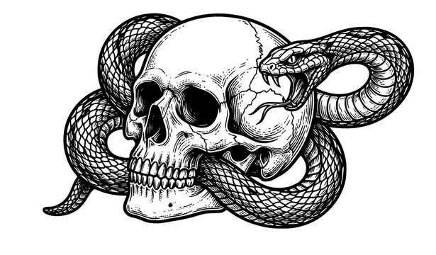 Skull and Coiled Snake Black White Tattoo Style Vector Illustration