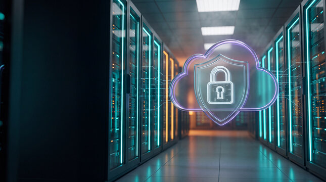 Cloud cybersecurity shield with padlock icon floating in a modern data center server room, illustrating secure cloud computing, data protection, and network security