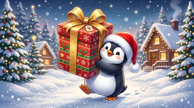 A cute penguin wearing a santa hat carries a large red christmas gift in a snowy village with decorated pine trees and log cabins
