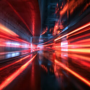 High speed vehicle lights streaking through illuminated futuristic