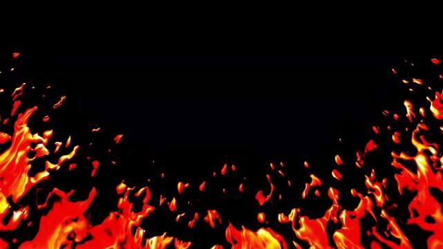 Dynamic cartoon style blazing red fire flames burning along the bottom border creating a hot glowing frame copy space on a solid black background.
