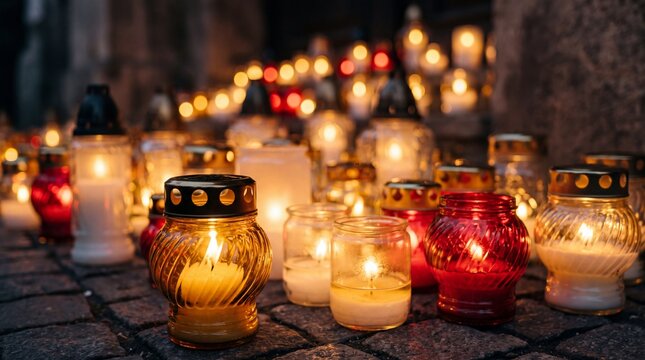 Many lit grave candles at the base of a cemetery monument &mdash; Poland, November 1, All Saints&rsquo; Day (also known as All Souls&rsquo; Day / Day of the Dead