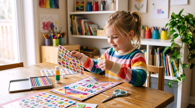 Smiling young girl decorating a personalized art sign with stickers. Happy child making arts and crafts at a table. Learning and DIY activity concept