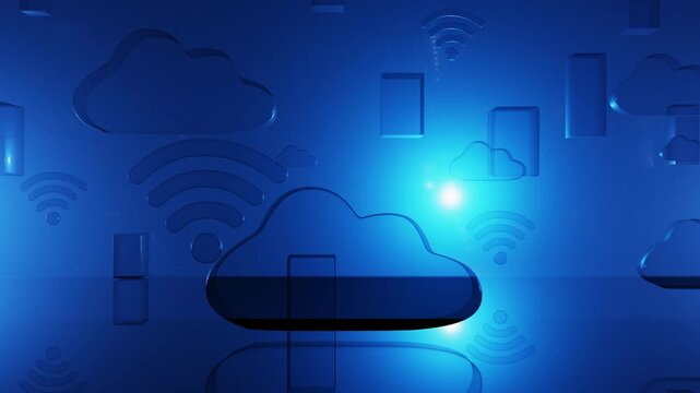 cloud computing network.3d icon wi-fi and cloud on abstract  blue background.data computer network system concept.4K vdo.
