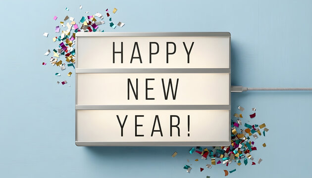 Happy New Year Greeting on Light Box with Colorful Confetti