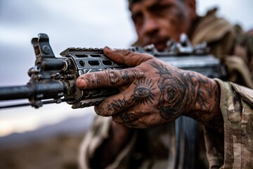 Obraz premium Soldier Holding Rifle with Tattooed Hand