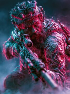 Tactical Special Forces Soldier Aiming Rifle