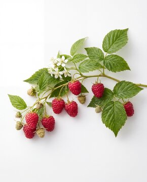 Fresh ripe raspberries grow on a green branch with leaves, isolated on a white background, organic summer berries and healthy fruit.