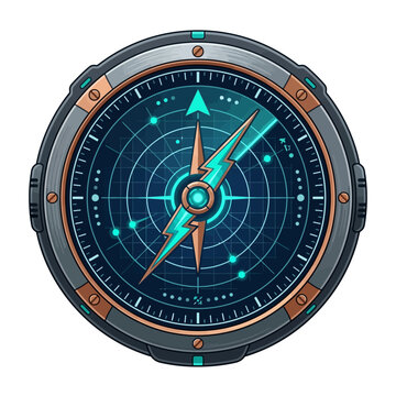 Futuristic navigation compass displays glowing cyan radar gridlines and a lightning needle.
