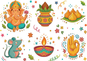 Naklejka premium Cute Ganesha Chaturthi vector elements set with Lord Ganesha, modak, mouse, kalash, and diya lamp
