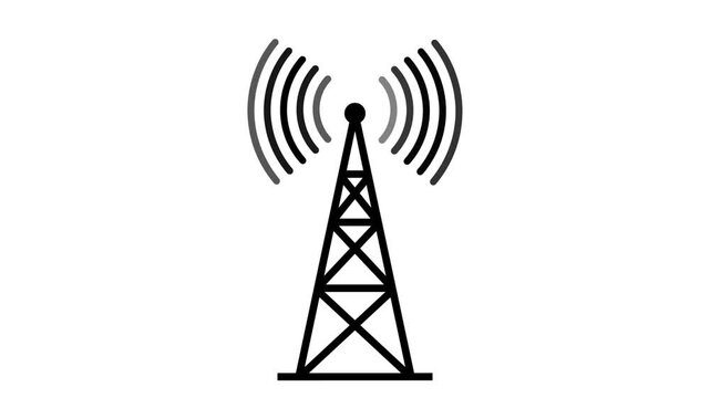 Black and white radio transmission tower emitting digital wireless waves and connection signals