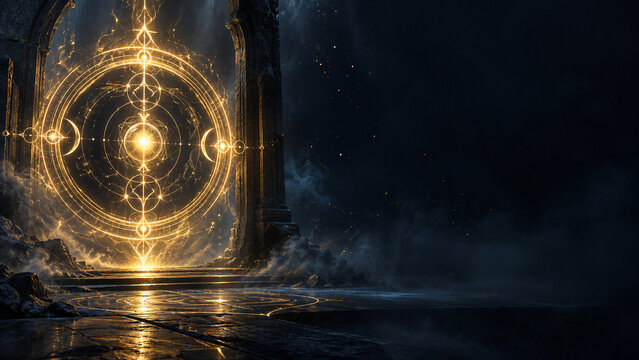Glowing golden magic portal in dark fantasy setting