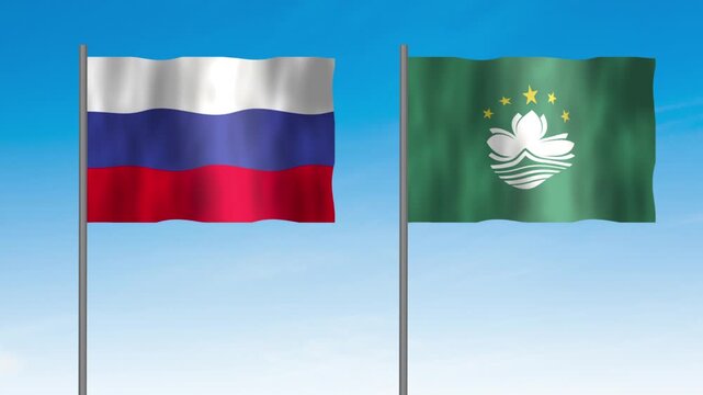 Flag of Macao and Russia, Pole flag of Macao and Russia on clear sky background. Macao and Russia flag waving. 

