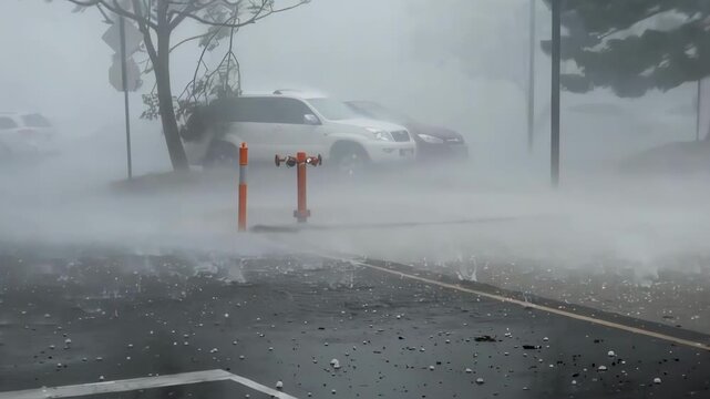 A storm with heavy rain and hail pounding down on cars and streets.