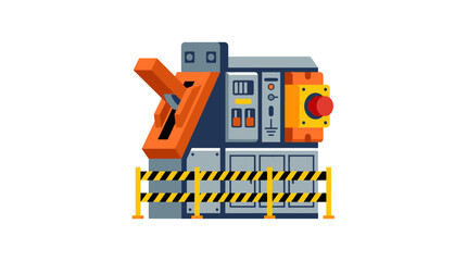 Fototapeta premium Sleek Industrial Machine with Orange Claw Arm and Control Panel on Gray Base Surrounded by Yellow and Black Barrier