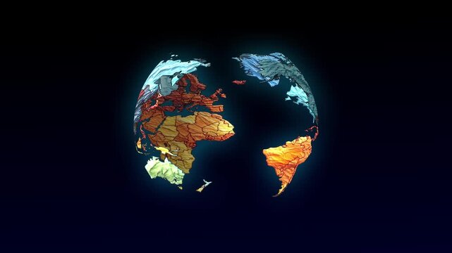 Colorful Low Poly Rotating World Map Globe Abstract Motion Graphic Animation on Black Loop
