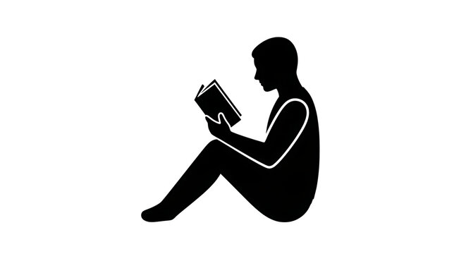 Black silhouette of a person sitting and reading a book isolated on a transparent background