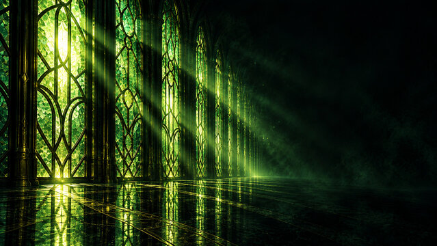 Mystical green stained glass background with copy space