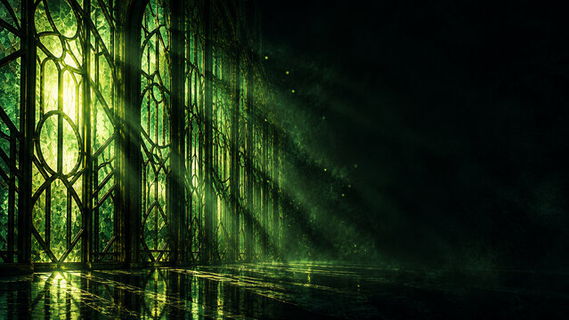 Mystical green stained glass background with copy space