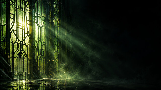 Mystical green stained glass background with copy space