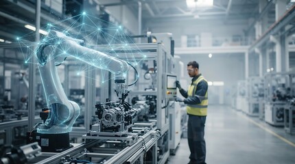 Fototapeta premium Industrial robotic arm with a digital network hologram in a factory