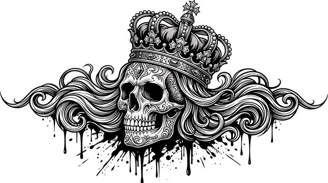 Ornate gothic skull wearing a royal crown with flowing hair and ink splatters