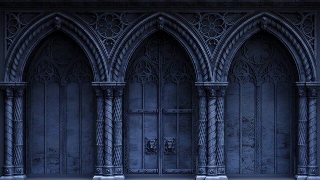 Abandoned night castle with a large gothic window or crypt