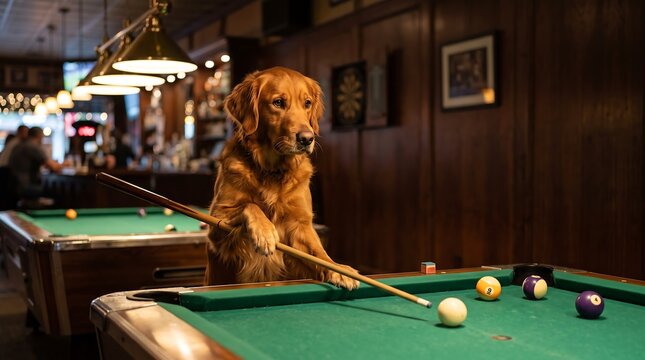 Golden retriever dog playing billiards at a pub table