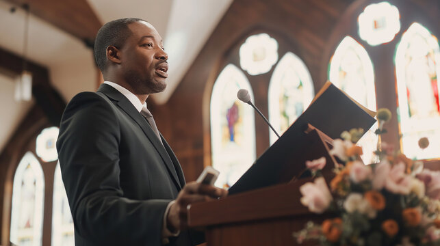 African american preacher delivering sermon during Easter service in church. Religious man speaking at podium